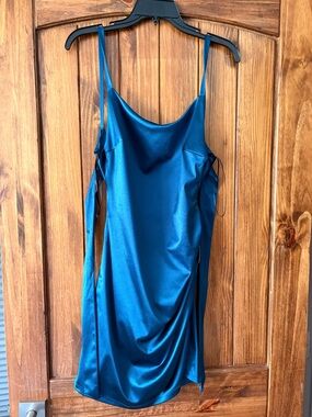 B Darlin Satin Dress in Deep Teal Blue